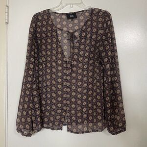 Goldie brown floral leaves button down chiffon blouse top size ML